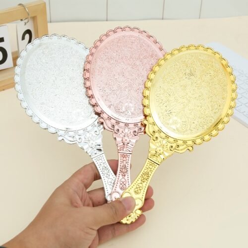 MF3A1268 (1) Gilded Vintage Handheld Mirror: Ornate Portable Makeup Mirror (Gold/Silver)