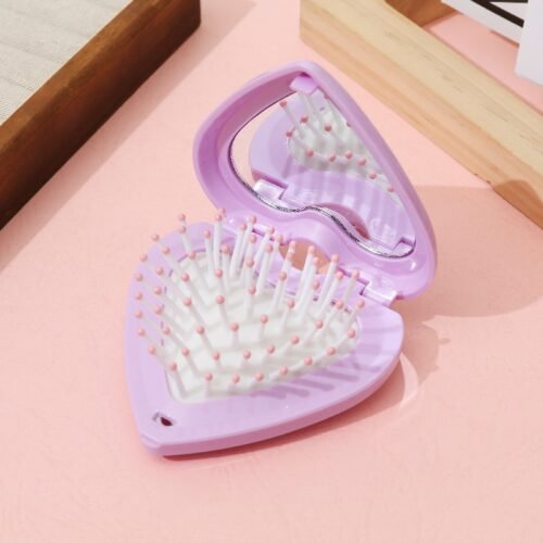 Heart Shaped Foldable Hair Brush with Mirror Portable Travel Comb